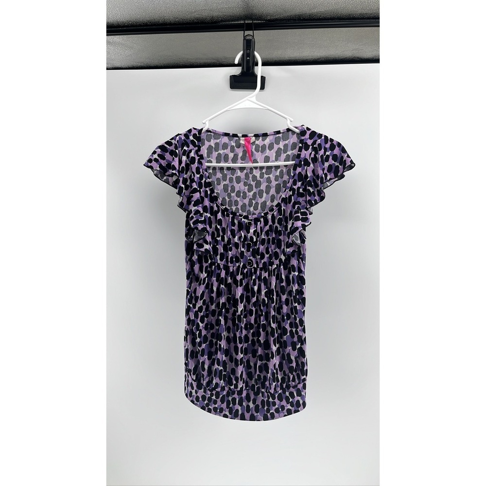 Sweet Heart Rose Purple Black Abstract Spot Ruffle Sleeve Smocked Blouse Medium